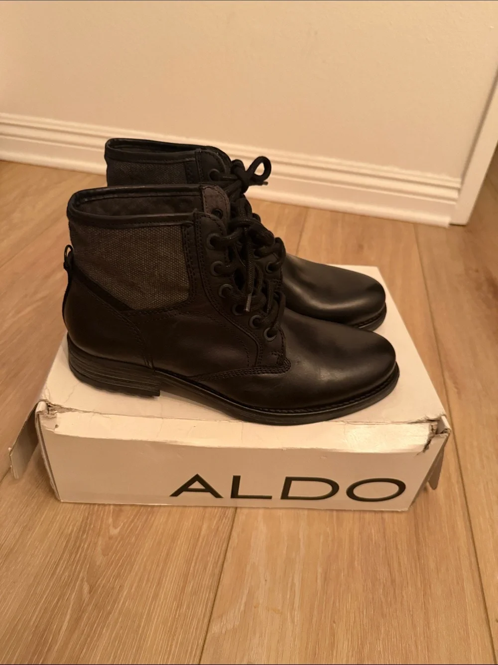 Aldo Black Lace-Up Leather Ankle Boots